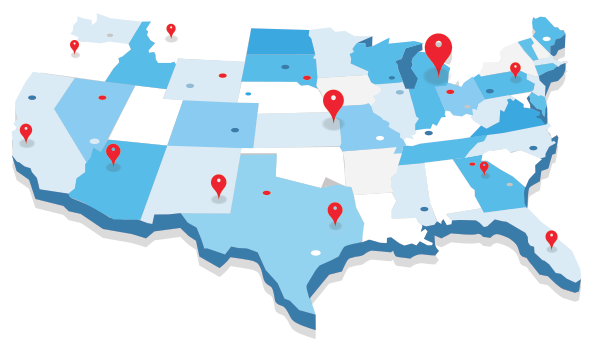 Map of the united states with pinned locations.